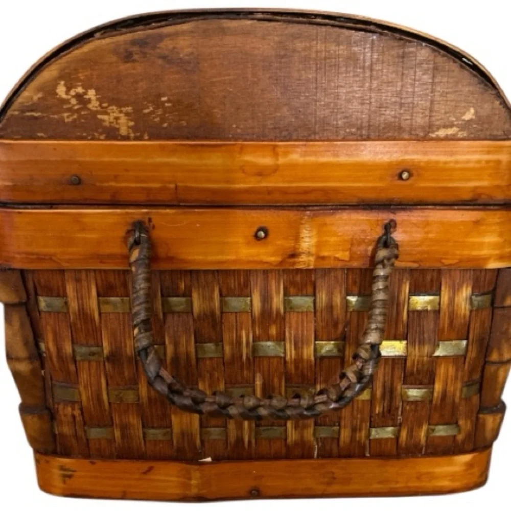 Vintage Woven Rattan Bamboo And Wood Treasure Chest Aged Brass Closure